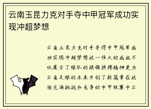 云南玉昆力克对手夺中甲冠军成功实现冲超梦想