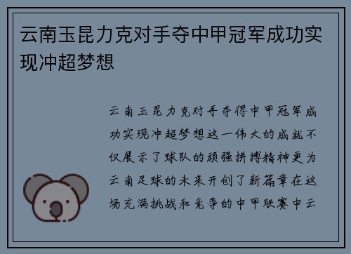 云南玉昆力克对手夺中甲冠军成功实现冲超梦想